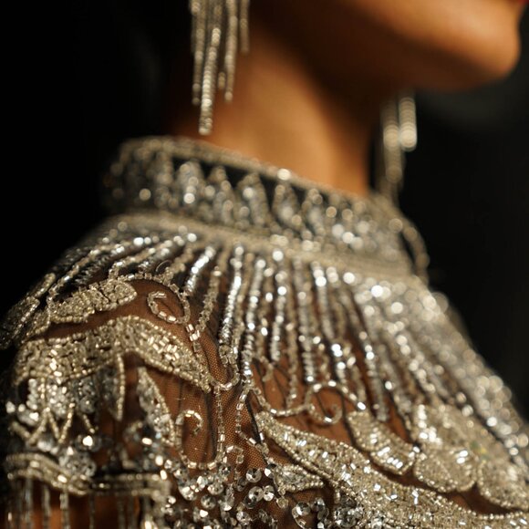 Silver Sequin Fringe Cape, Rhinestone Shawl, Luxury Beaded Cape, Festival Outfit - Picture 12 of 13